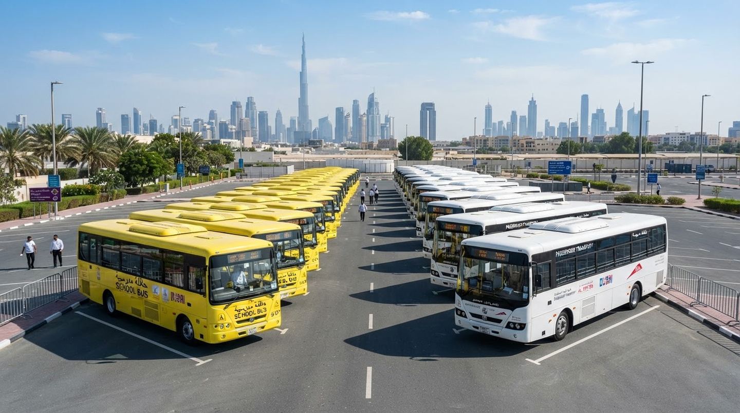 The MJH Ashok Leyland fleet lined up at the depot with the Dubai skyline behind